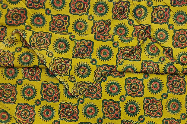 Pure cotton fabric with handblock Ajrakh print   in yellow & green