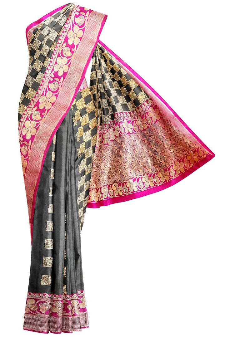 Handloom Banarasi katan pure silk brocade  saree in  checks in partly style.