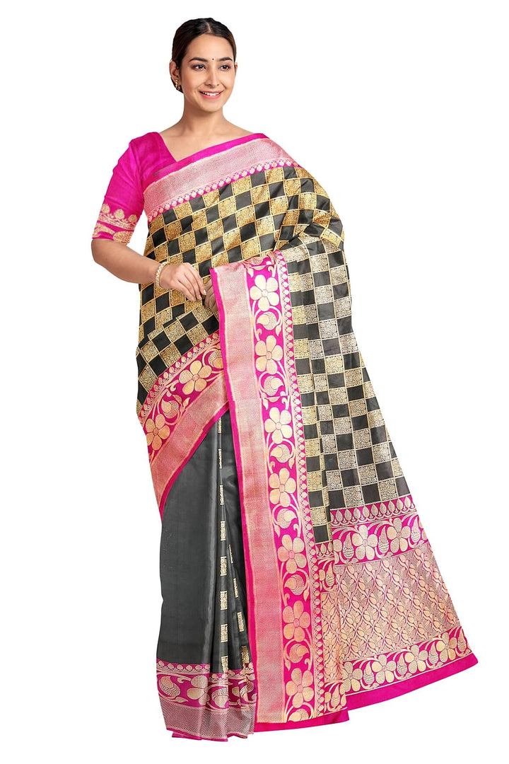 Handloom Banarasi katan pure silk brocade  saree in  checks in partly style.