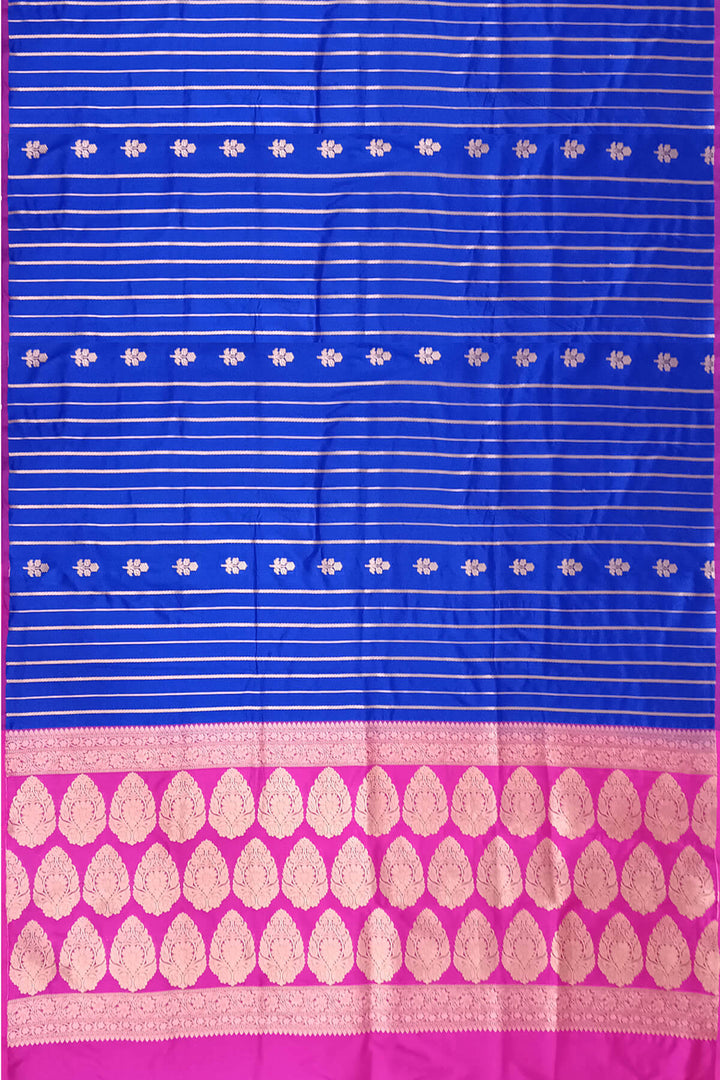 Banarasi katan pure silk saree in royal blue with stripes & floral motifs in gold.