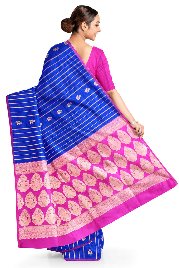 Banarasi katan pure silk saree in royal blue with stripes & floral motifs in gold.