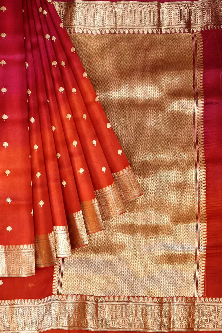 Banarasi kora (organza)  silk saree in  red & magenta with motifs