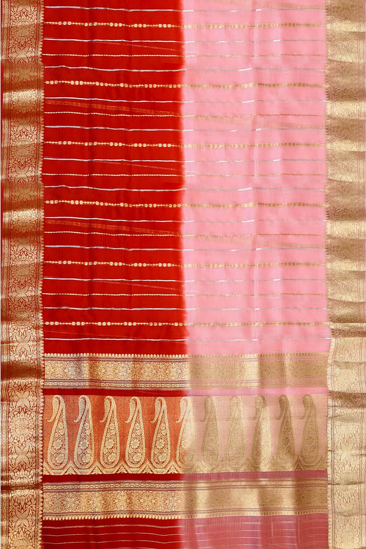 Banarasi kora (organza)  silk saree in  red & baby pink with motifs