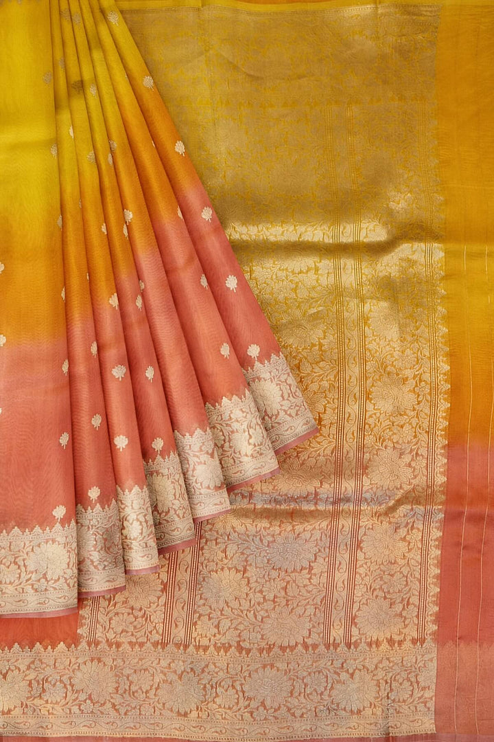 Banarasi kora (organza)  silk saree in  peach & orange