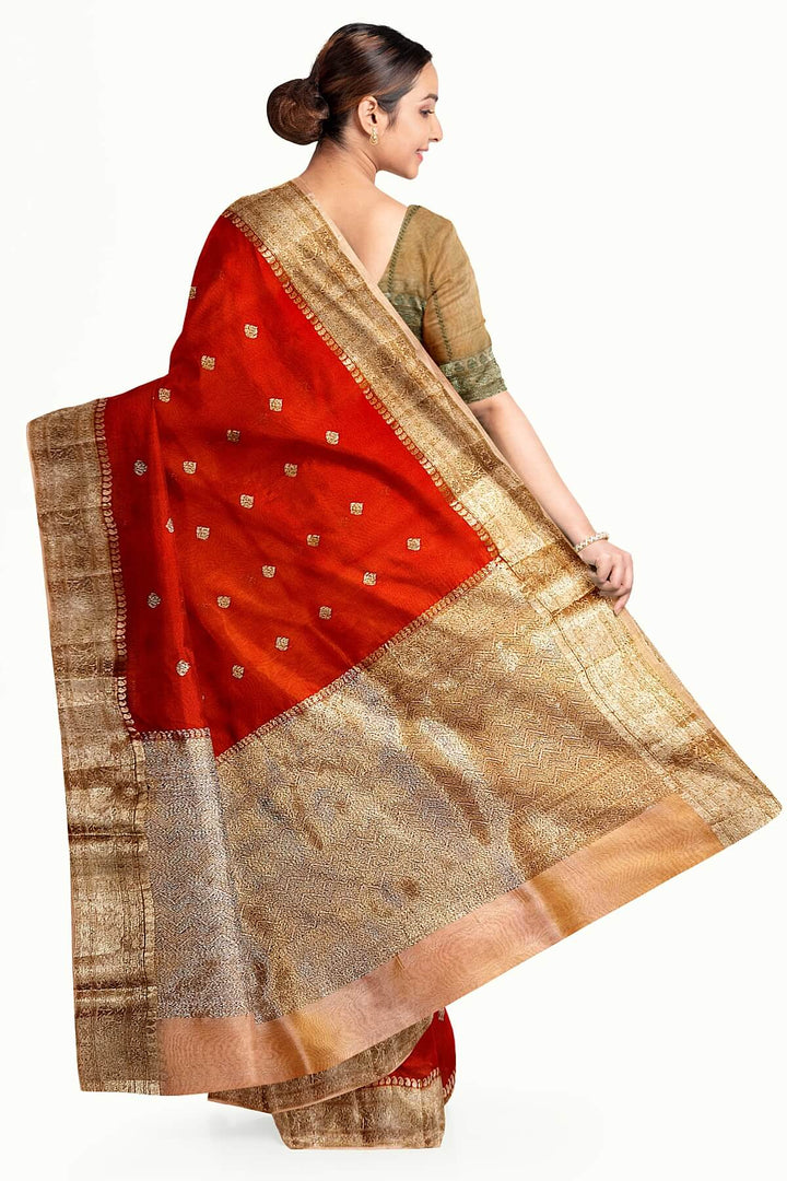 Banarasi kora (organza)  silk saree in  red  with motifs