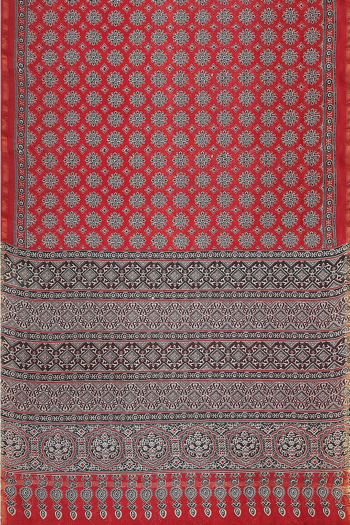 Hand block Bagru print on Chanderi  silk cotton saree in red