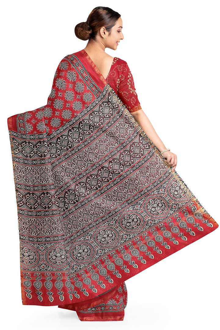 Hand block Bagru print on Chanderi  silk cotton saree in red