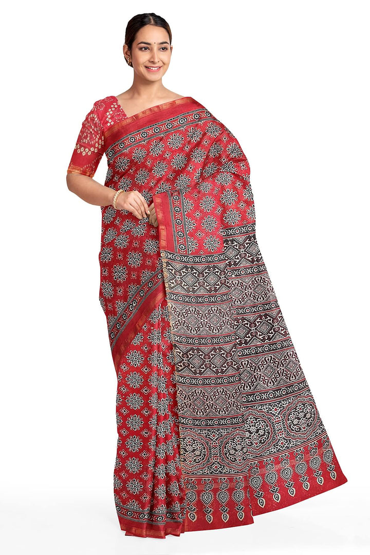Hand block Bagru print on Chanderi  silk cotton saree in red