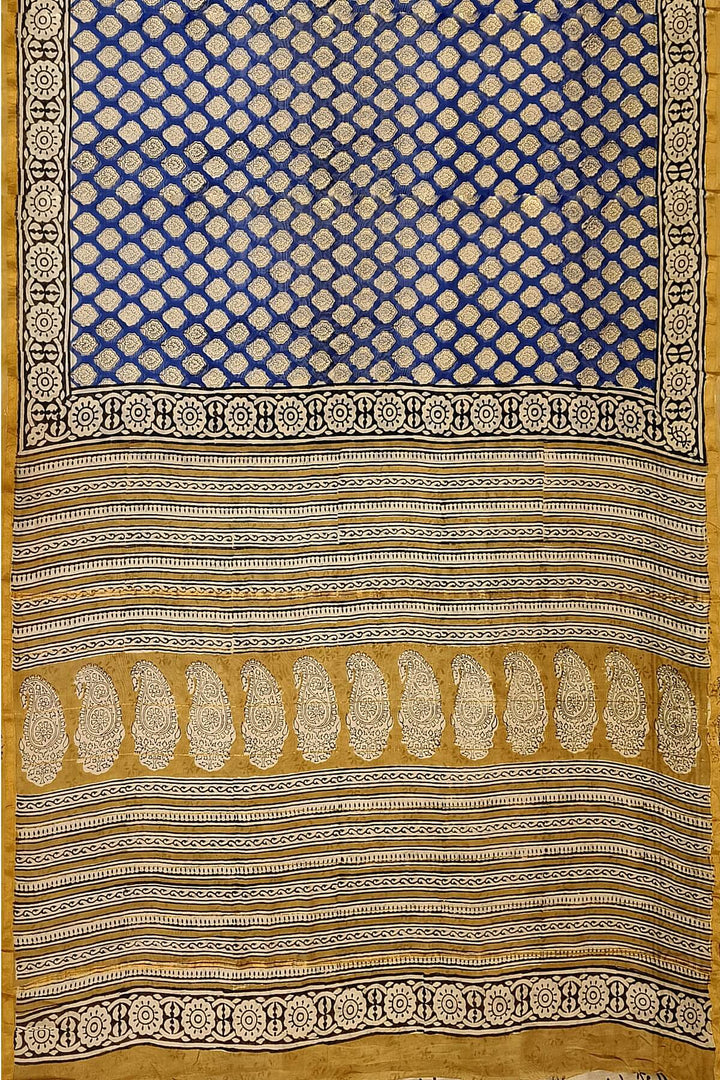 Bagru hand block print on Chanderi silk cotton saree in blue