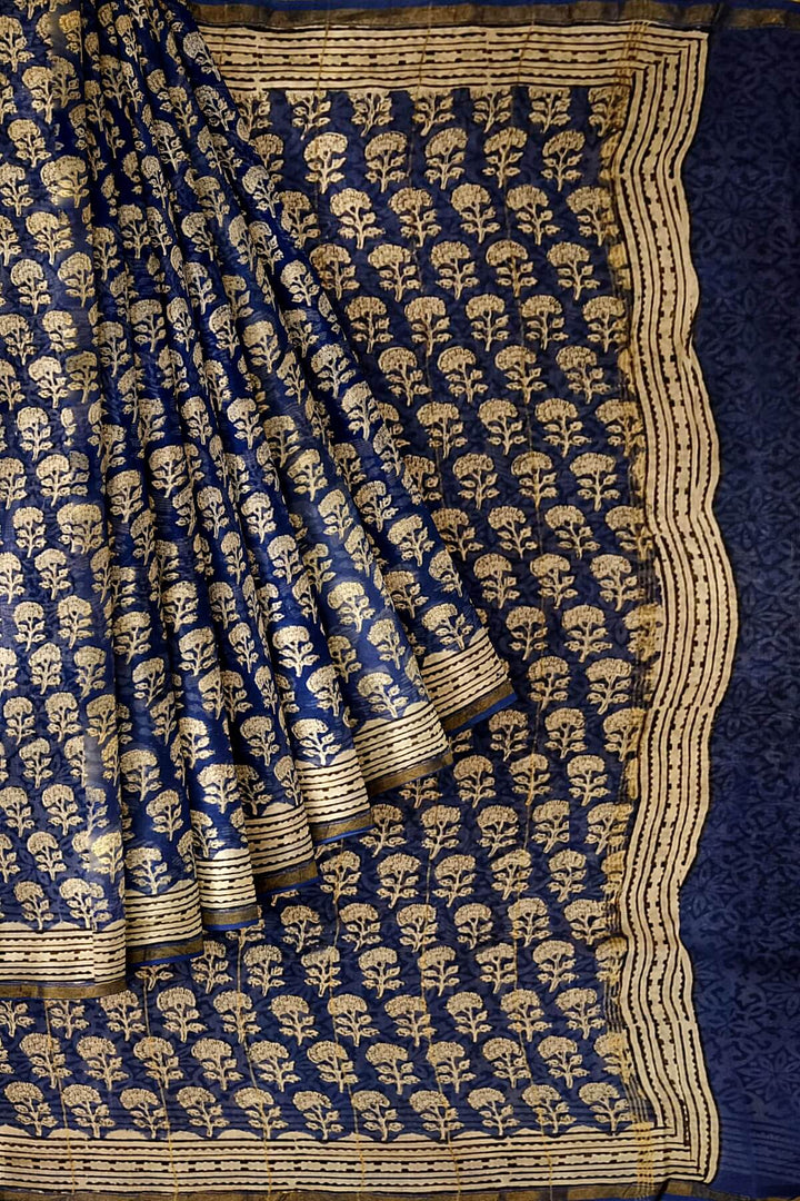 Bagru hand block print on Chanderi silk cotton saree in navy blue