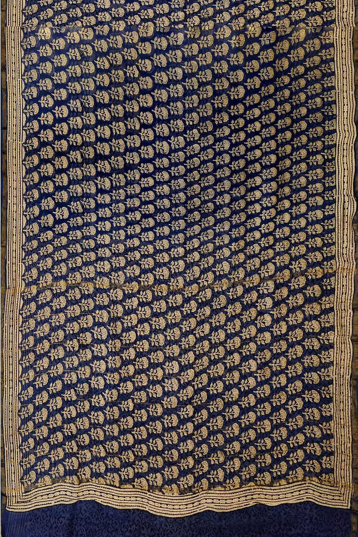 Bagru hand block print on Chanderi silk cotton saree in navy blue