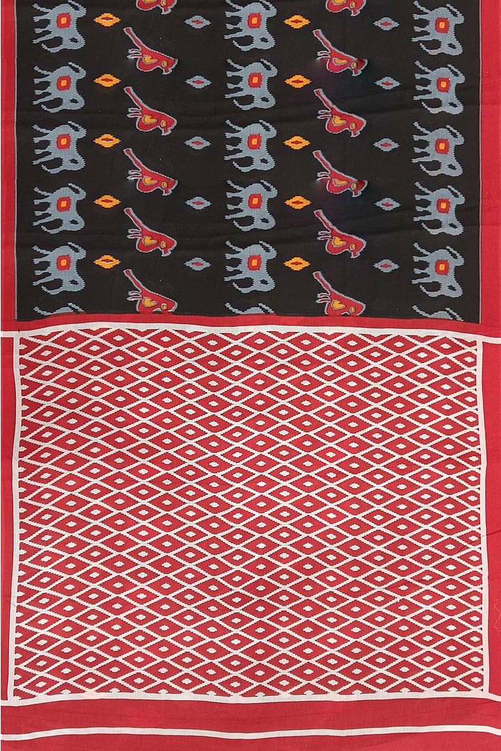 Jaipur mul cotton saree in black with elephant & bird motifs.