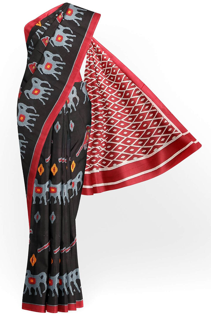 Jaipur mul cotton saree in black with elephant & bird motifs.