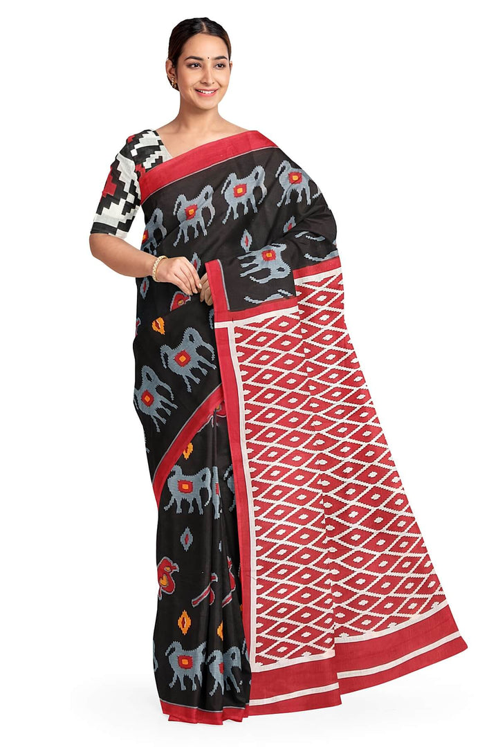 Jaipur mul cotton saree in black with elephant & bird motifs.