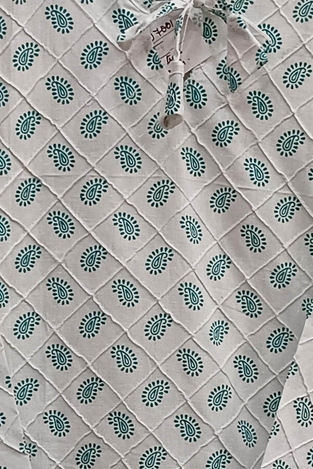 Pin tuck  pure cotton tunic in white with paisley motifs in green