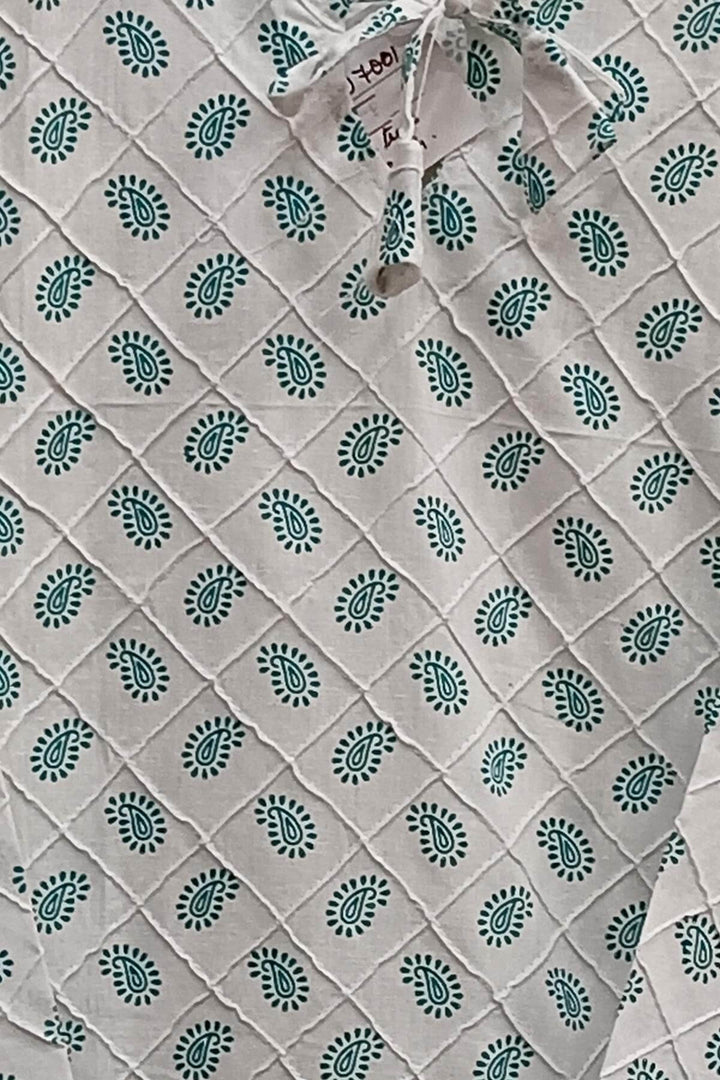 Pin tuck  pure cotton tunic in white with paisley motifs in green
