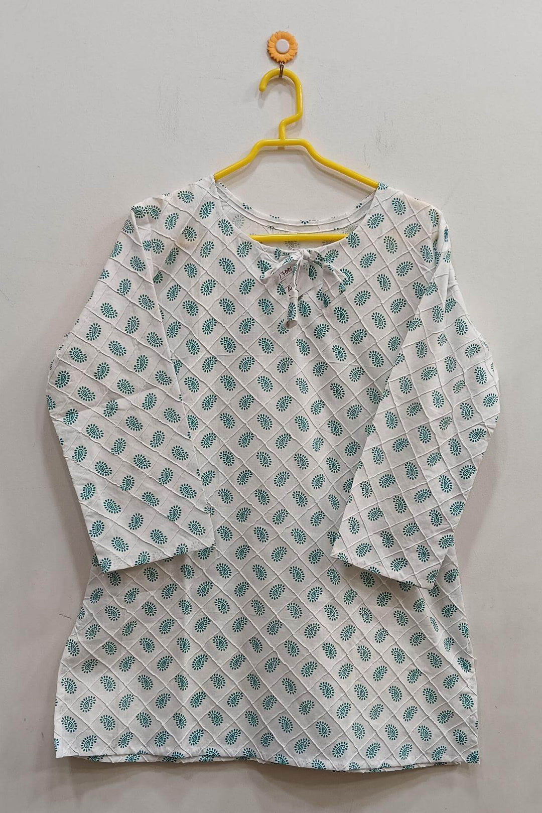 Pin tuck  pure cotton tunic in white with paisley motifs in green