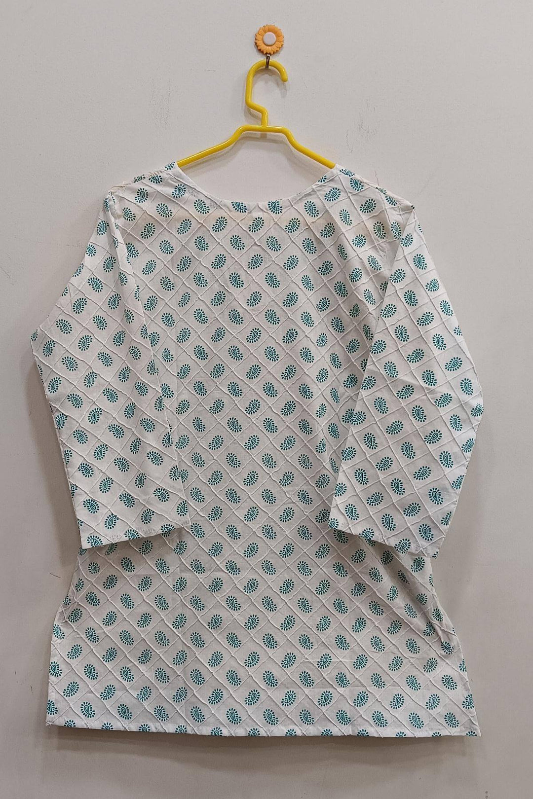 Pin tuck  pure cotton tunic in white with paisley motifs in green