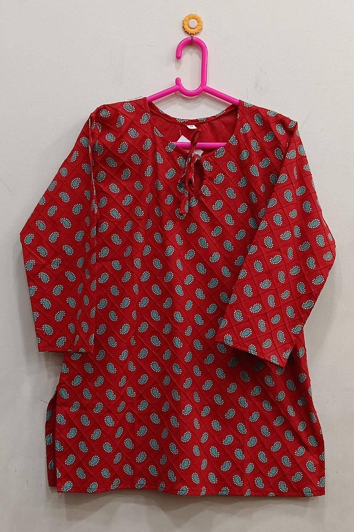 Pin tuck  pure cotton tunic in red with paisley motifs
