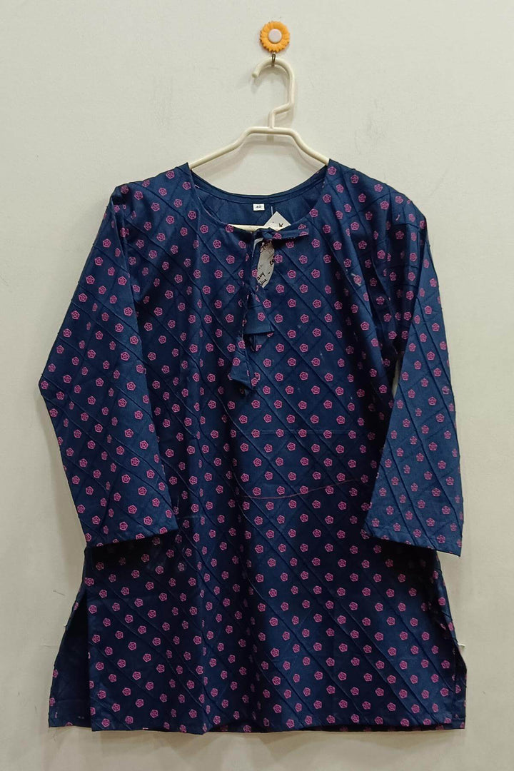 Pin tuck  pure cotton tunic in navy blue with paisley motifs