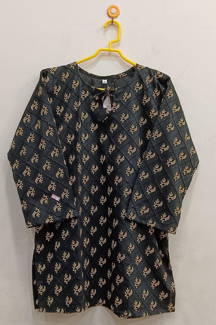 Pin tuck  pure cotton tunic in black with leaf motifs