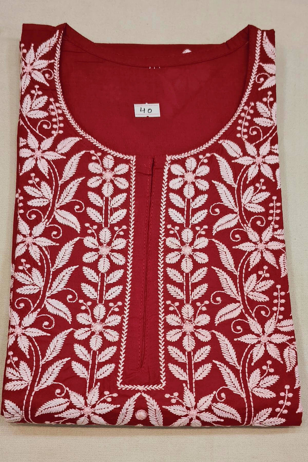 Cotton kurti with Lucknowi chikan work in red