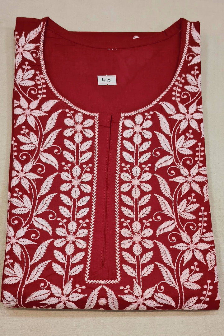 Cotton kurti with Lucknowi chikan work in red