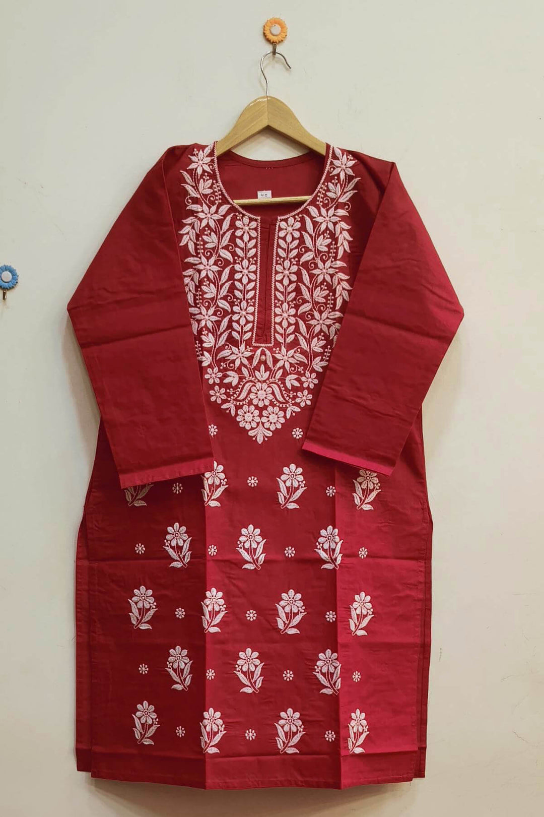 Cotton kurti with Lucknowi chikan work in red