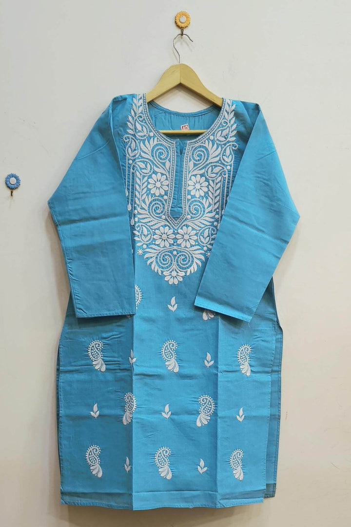 Cotton kurti with Lucknowi chikan work in blue