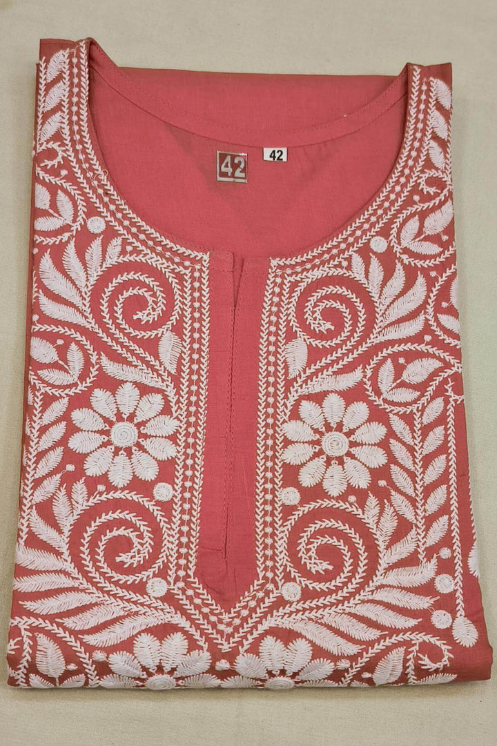 Cotton kurti with Lucknowi chikan work in  pink
