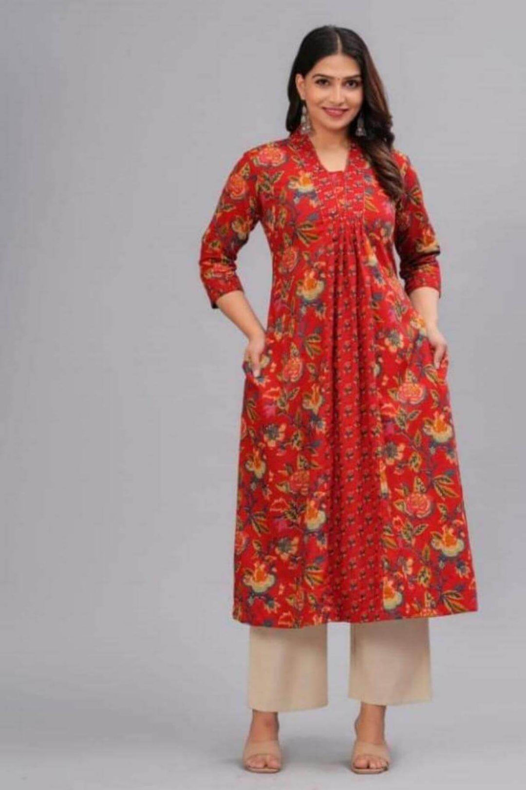 Cotton kurta in 'A line'  in red