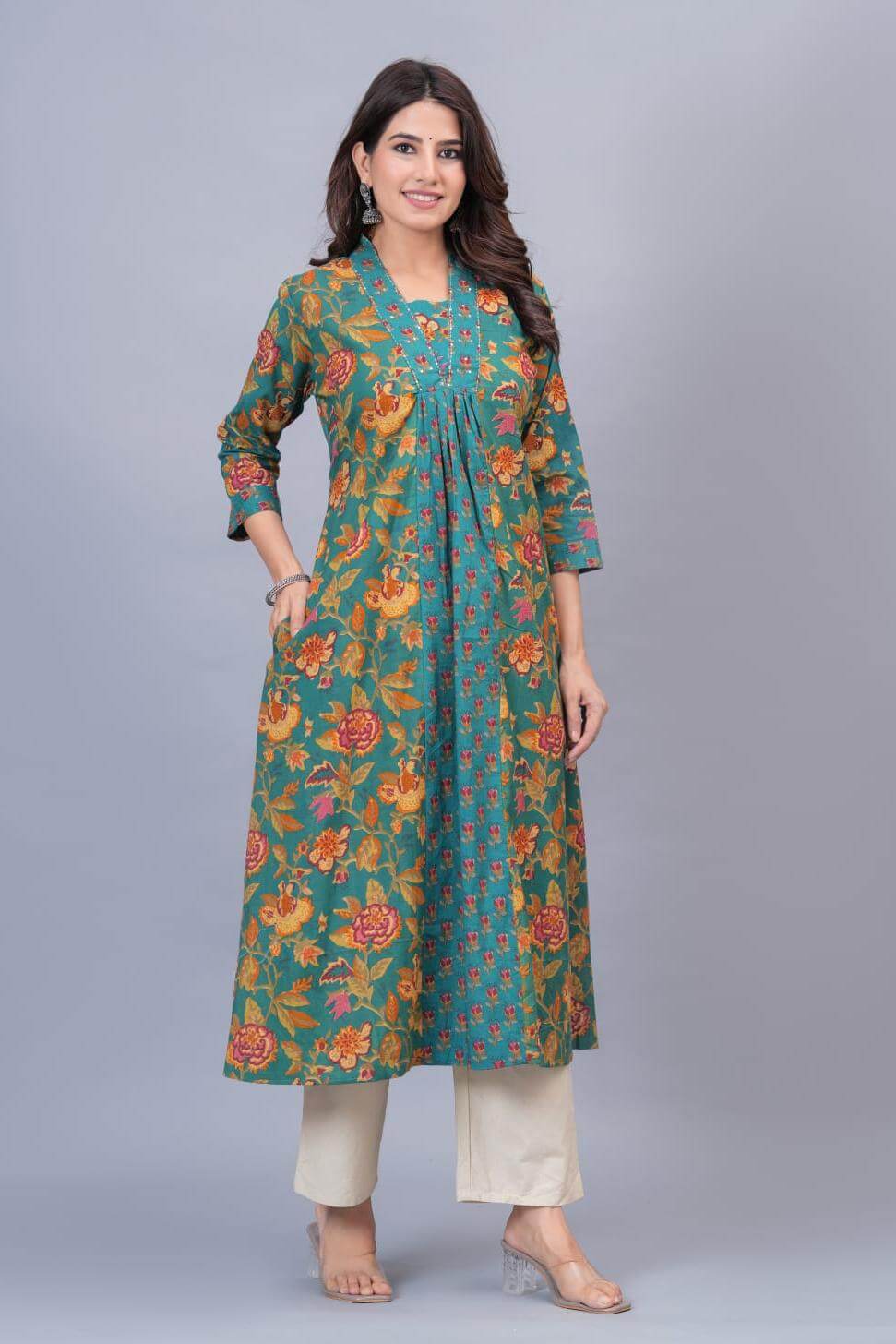 Cotton kurta in 'A line'  in teal green