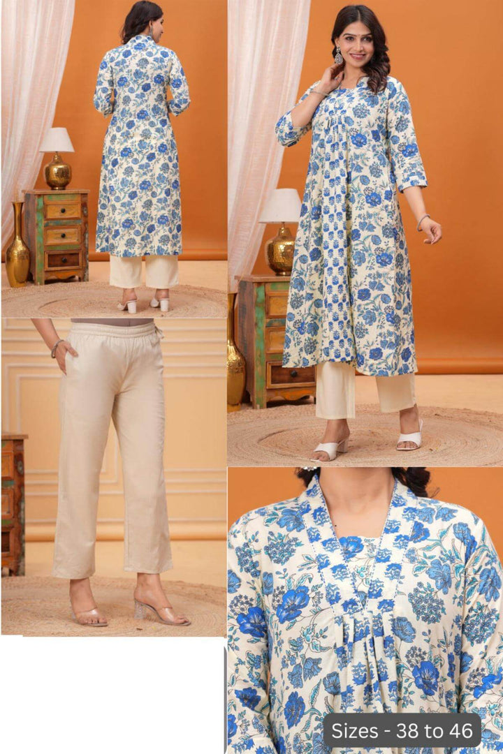 Cotton kurta in 'A' line in off white & blue
