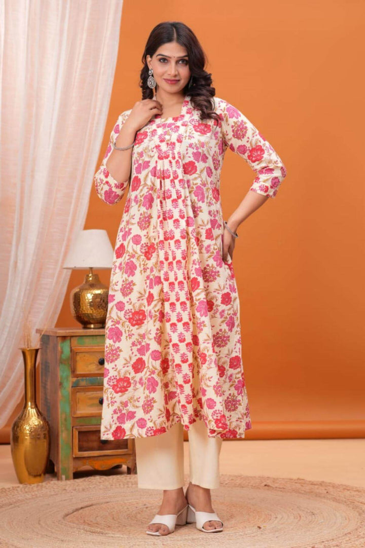 Cotton kurta in 'A' line in off white & pink