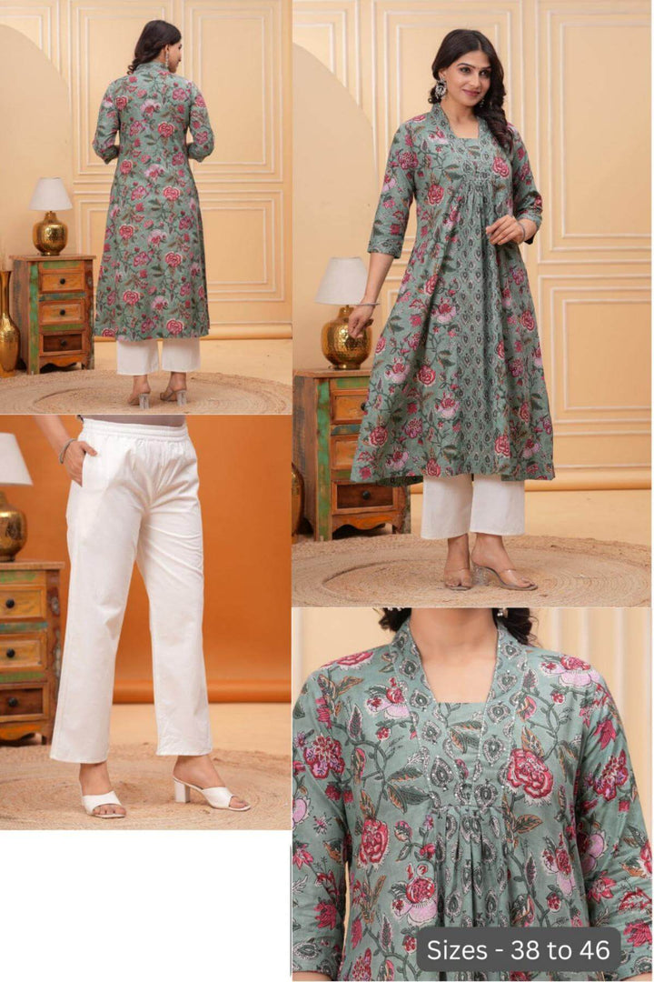 Cotton kurta in 'A' line in green