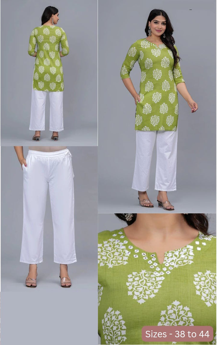 Cotton tunic in green with mirror work  & floral print