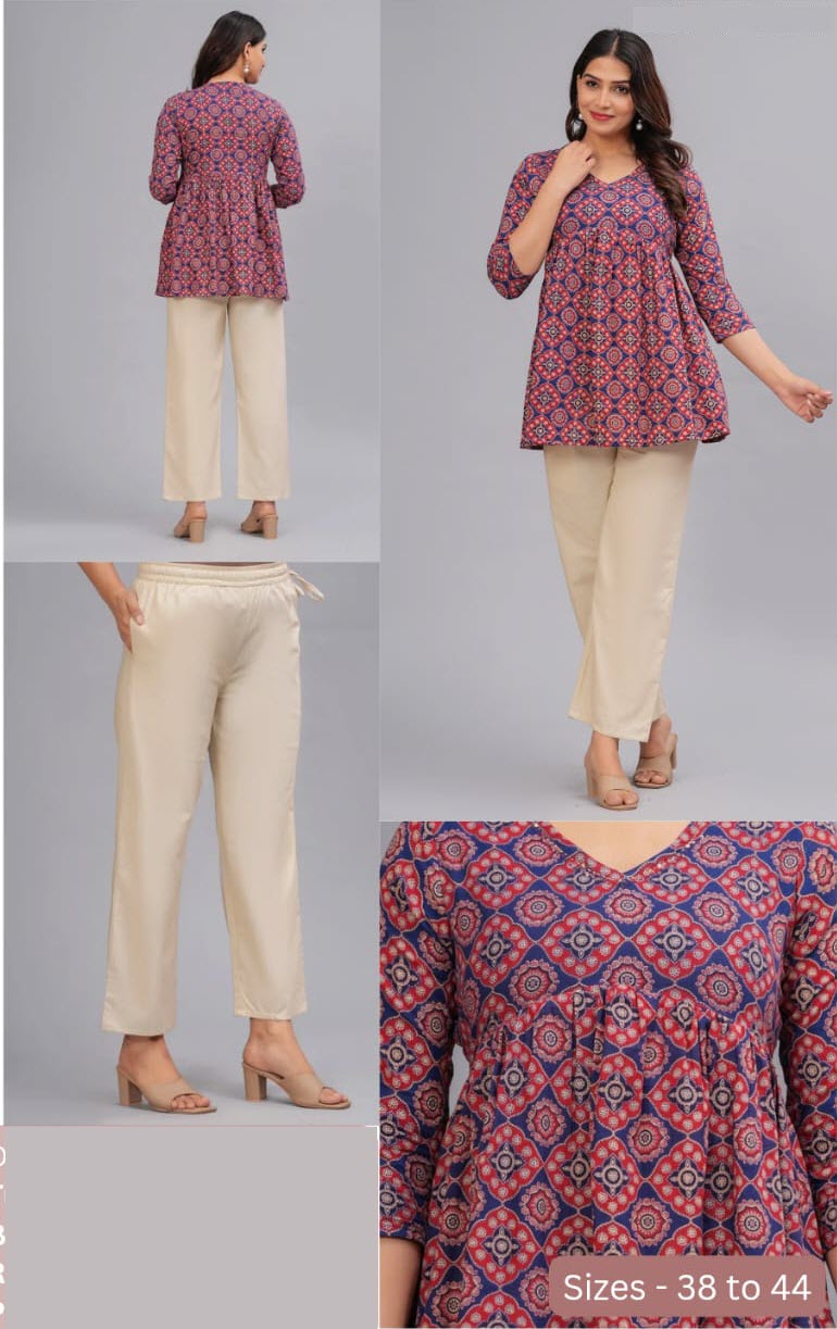 Cotton tunic in blue & maroon in Ajrakh pattern