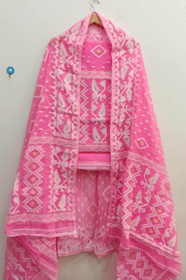 Jamdani silk cotton salwar suit material in 2 piece in pink