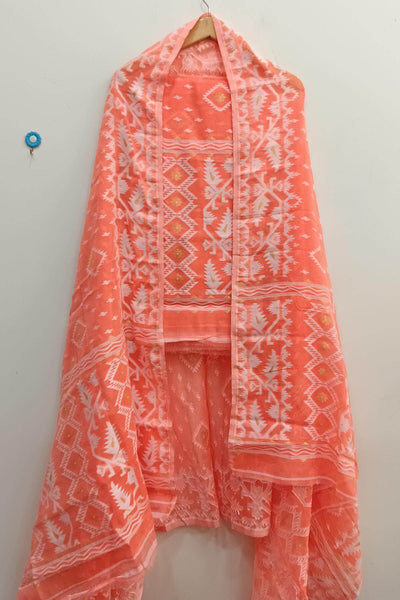 Jamdani silk cotton salwar suit material in 2 piece in  bright orange