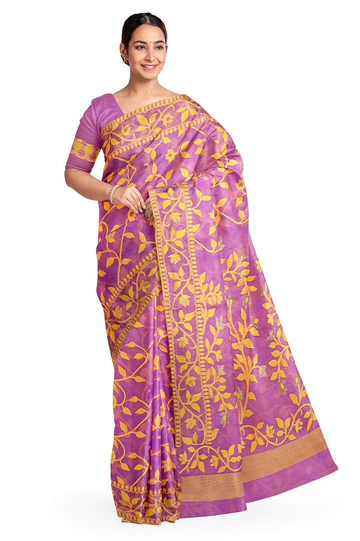 Handloom silk cotton saree in blush pink in floral jamdani weave