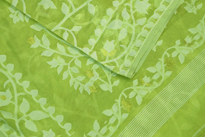 Handloom silk cotton saree in pista green in floral jamdani weave