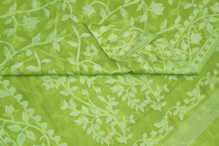 Handloom silk cotton saree in pista green in floral jamdani weave