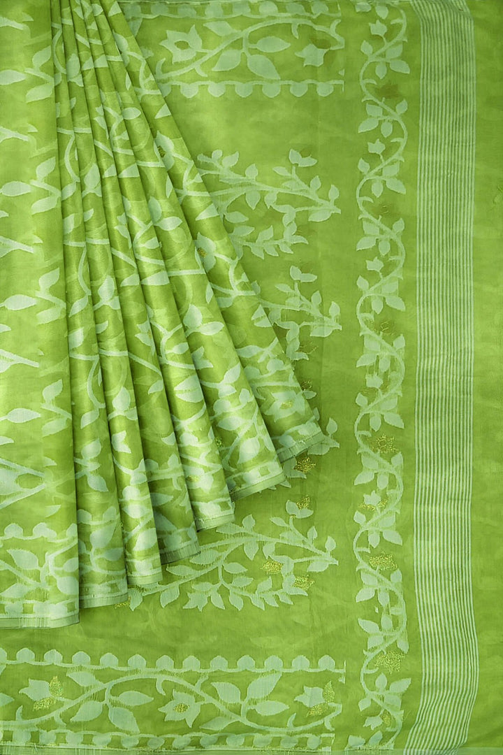 Handloom silk cotton saree in pista green in floral jamdani weave