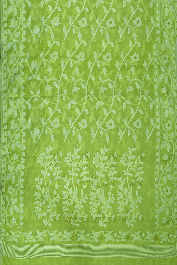 Handloom silk cotton saree in pista green in floral jamdani weave