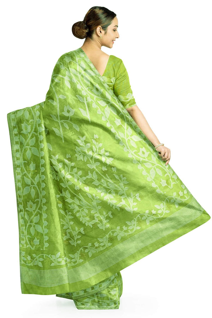 Handloom silk cotton saree in pista green in floral jamdani weave