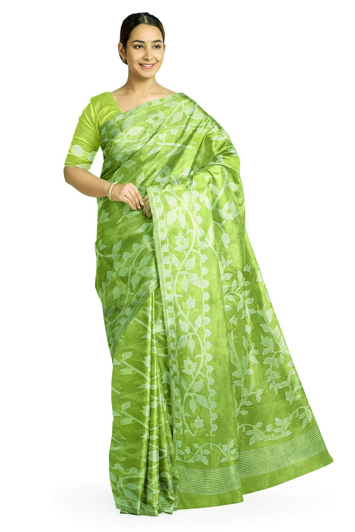 Handloom silk cotton saree in pista green in floral jamdani weave