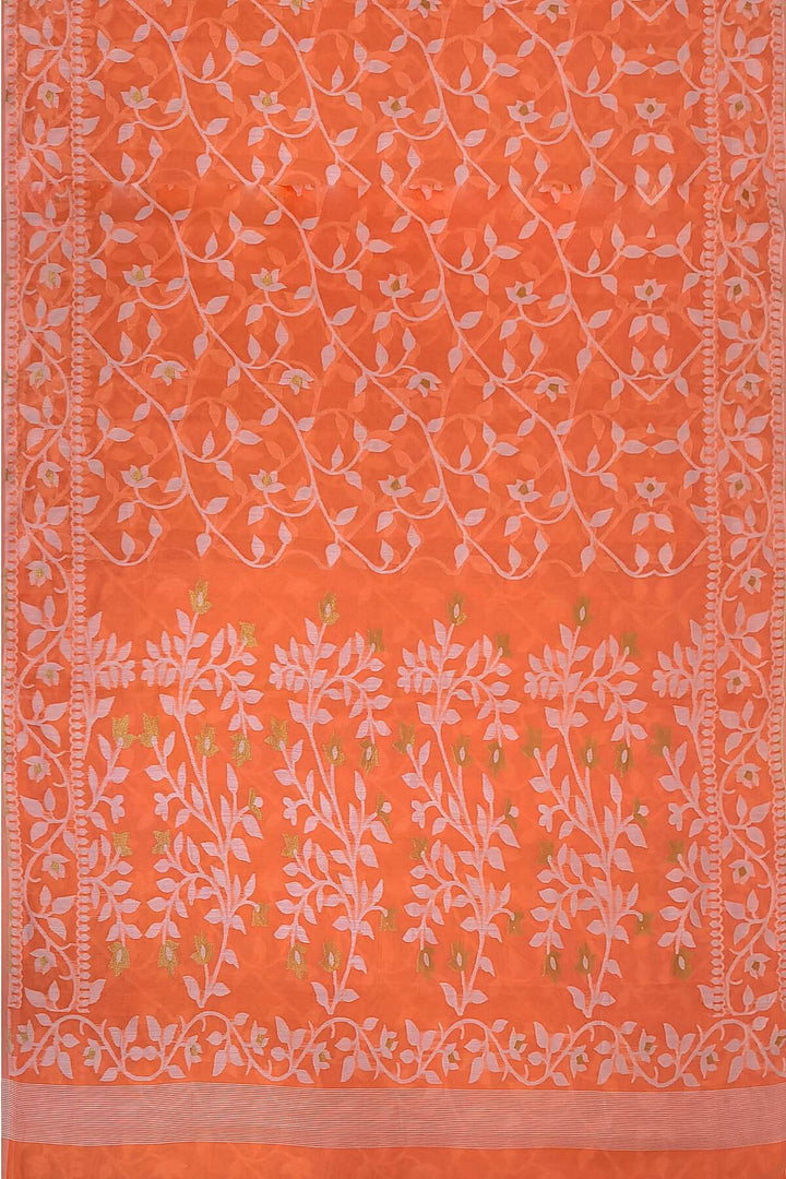Handloom silk cotton saree in orange in floral jamdani weave