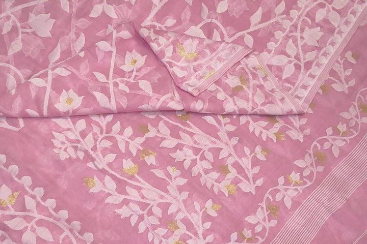 Handloom silk cotton saree in baby pink in floral jamdani weave