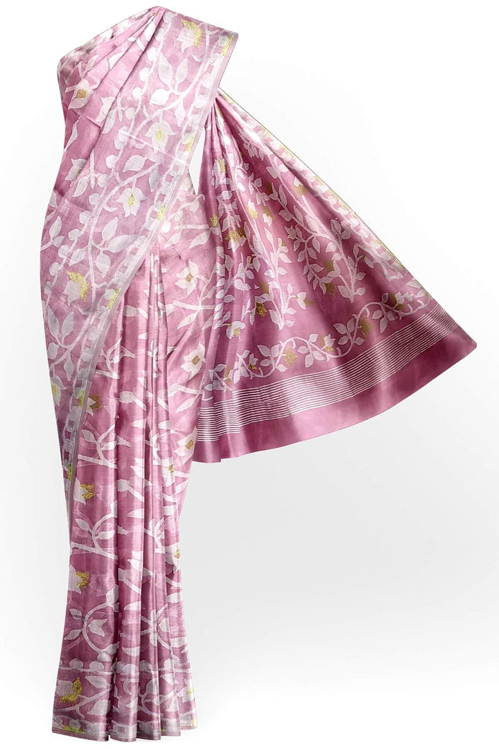 Handloom silk cotton saree in baby pink in floral jamdani weave