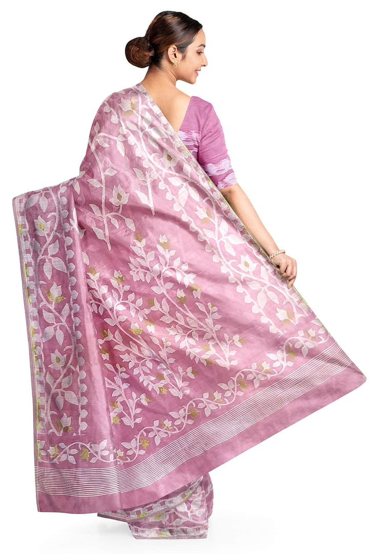 Handloom silk cotton saree in baby pink in floral jamdani weave